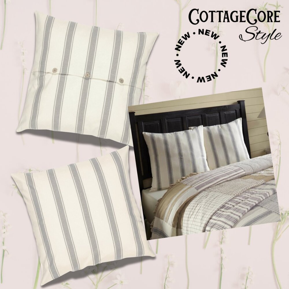 NEW SET OF 2 TWO Grey Striped Cottagecore Country Farmhouse House Throw Pillows